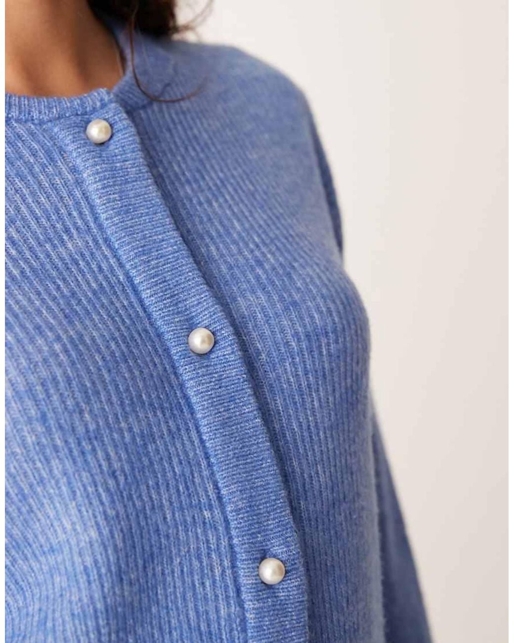 Jdy Blue Ribbed Cardigan With Pearl Buttons