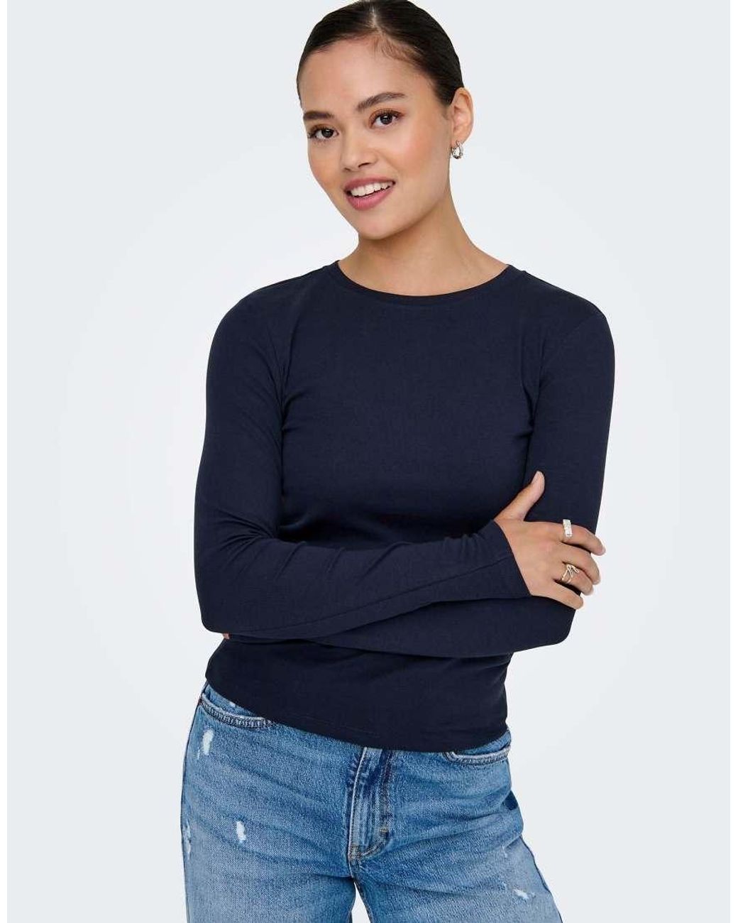 ONLY Blue Riley Slim Fit Crew Neck Long Sleeve Top