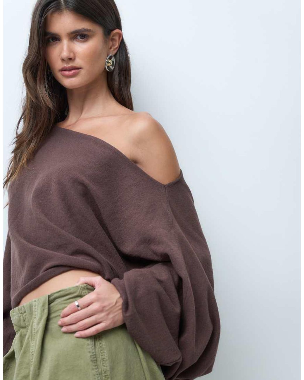 ASOS Brown Slash Neck Cuffed Sleeve Batwing Jumper
