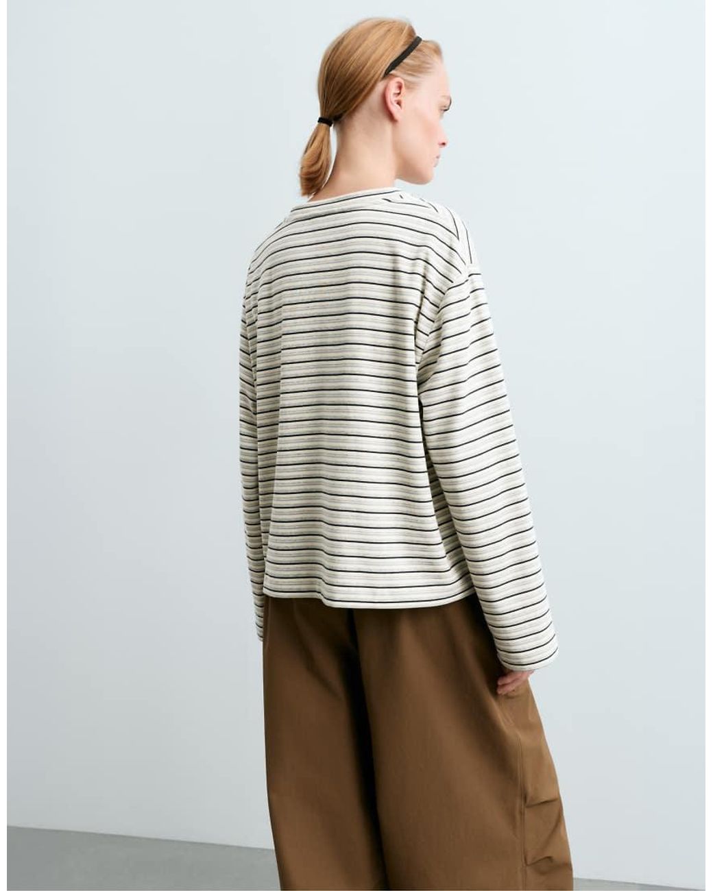 Oysho Gray Cotton Blend T-Shirt With Long Sleeve And Stripes