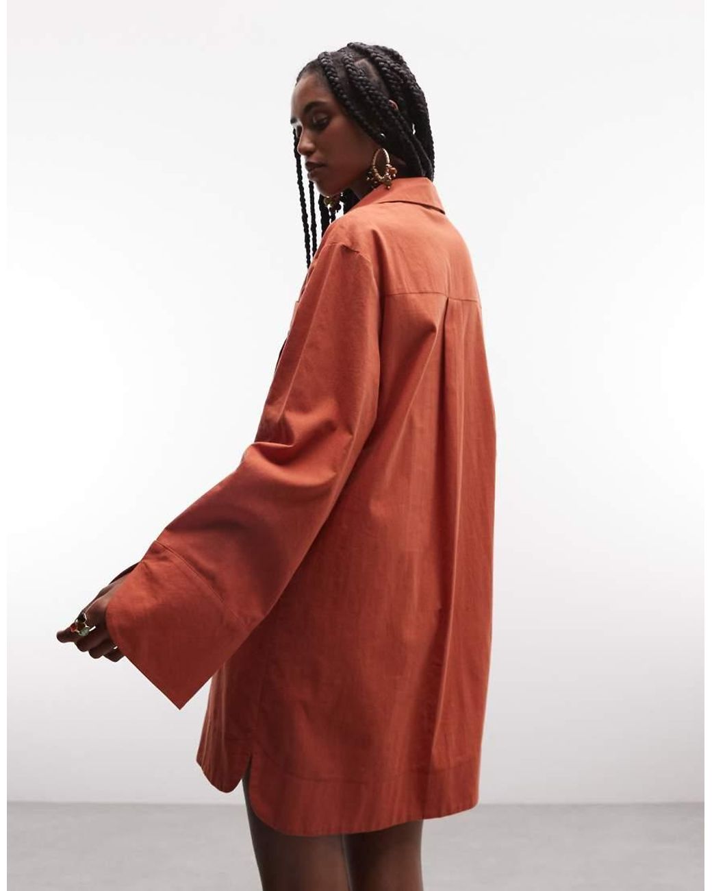 ASOS Red Cotton Linen Mini Shirt Dress With Wide Cuffs And Oversized Pockets