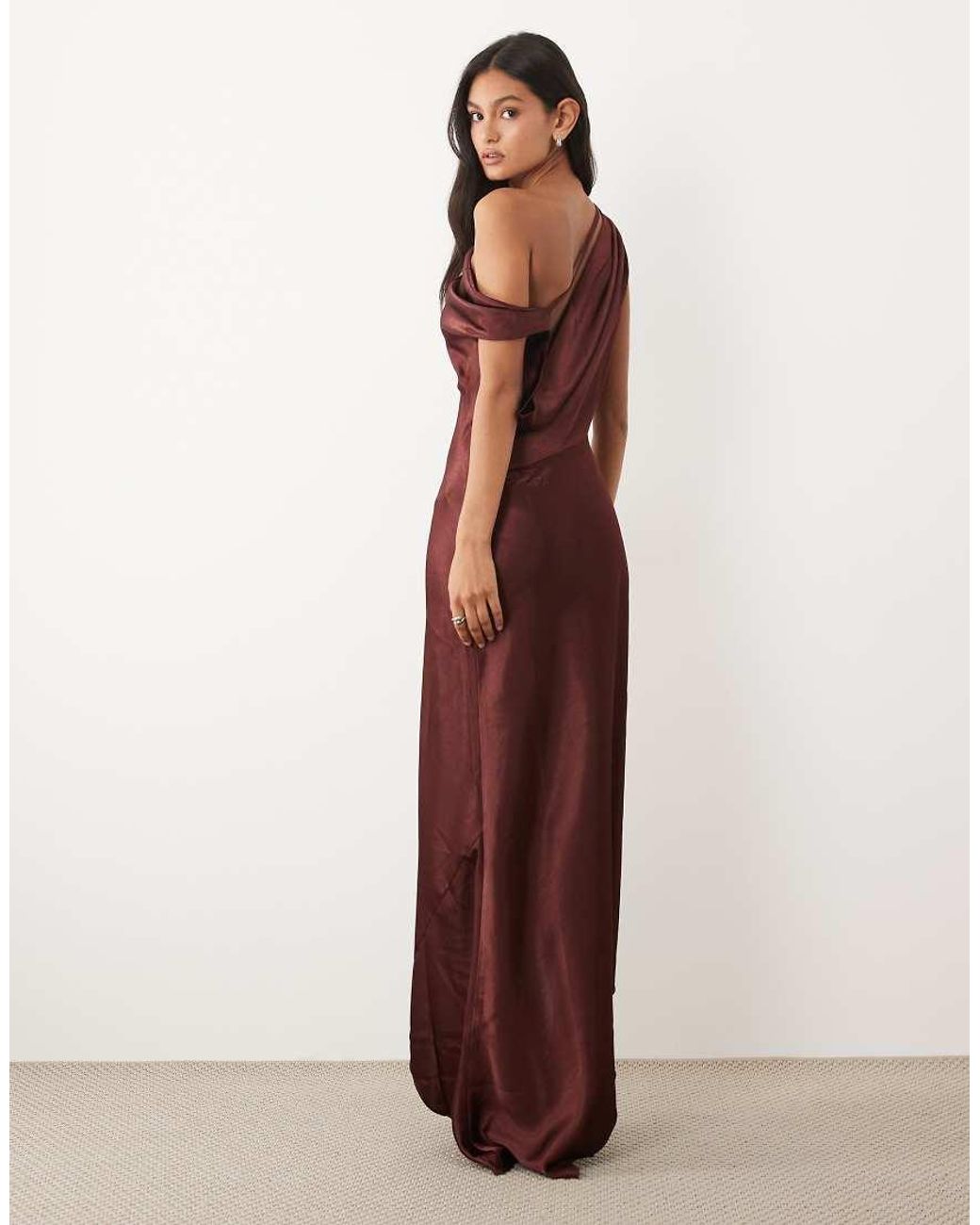 JW PEI Brown Exclusive Satin Draped One Shoulder Asymmetric Satin Maxi Dress