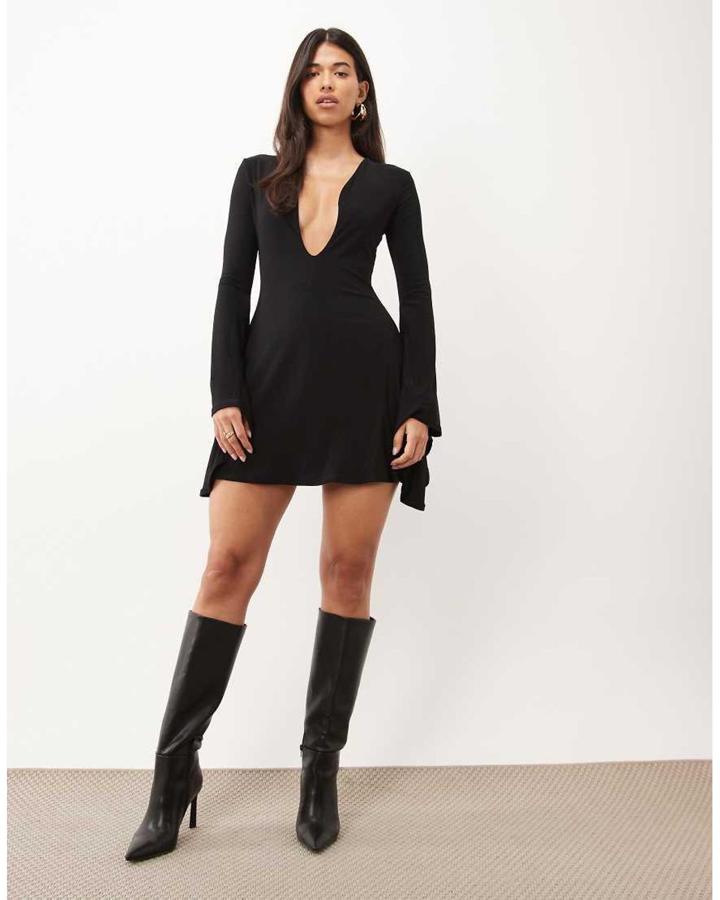 ASOS Black Slinky Flute Sleeve Flippy Mini Dress With Deep Plunge