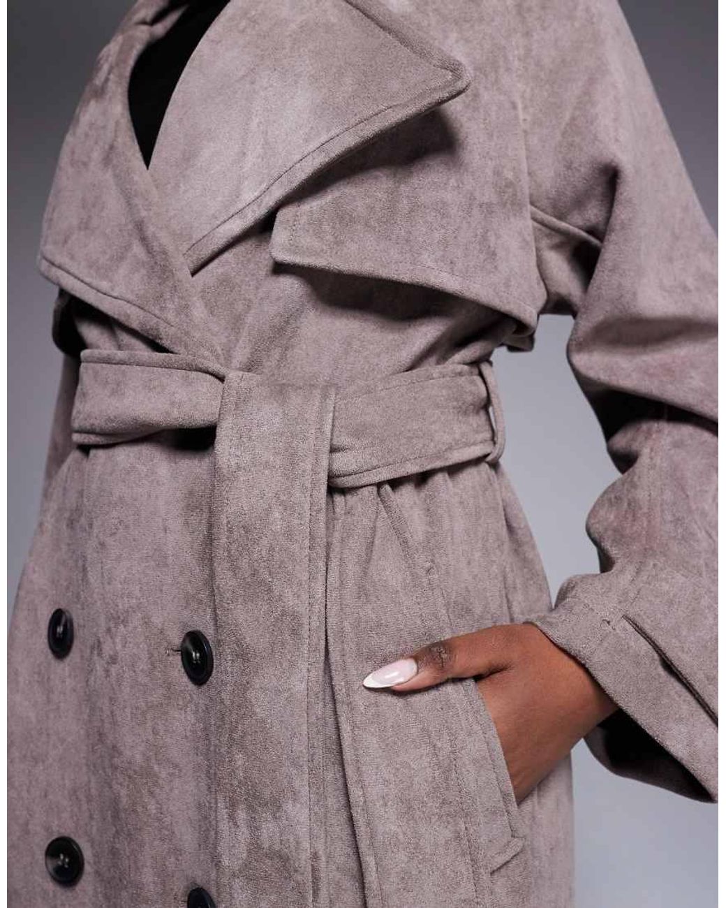 River Island Gray Suedette Double Breasted Trench Coat