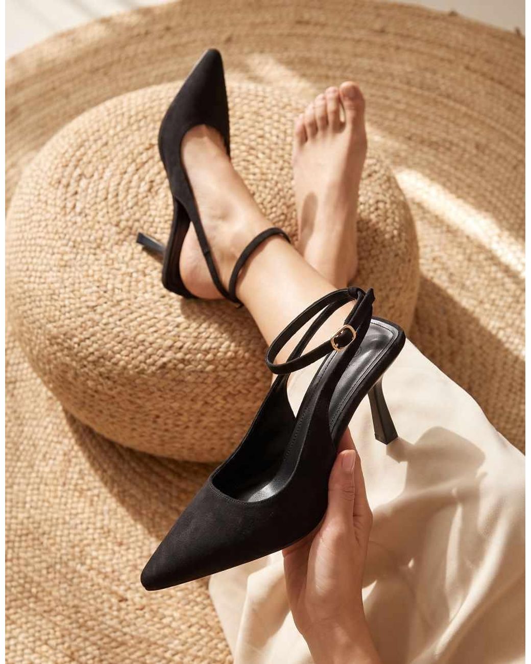 SEQWL Black Stylish Heeled Slingback Shoes With Ankle Buckle Strap