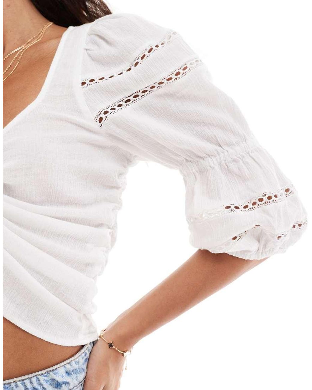 Vero Moda White Lace Trim Ruched Front Milkmaid Top