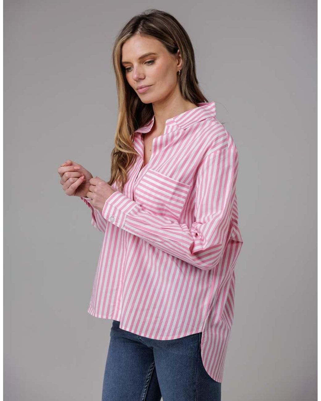 French Connection Pink Cotton Relaxed-Fit Long Sleeve Striped Popover High-Low Hem Shirt