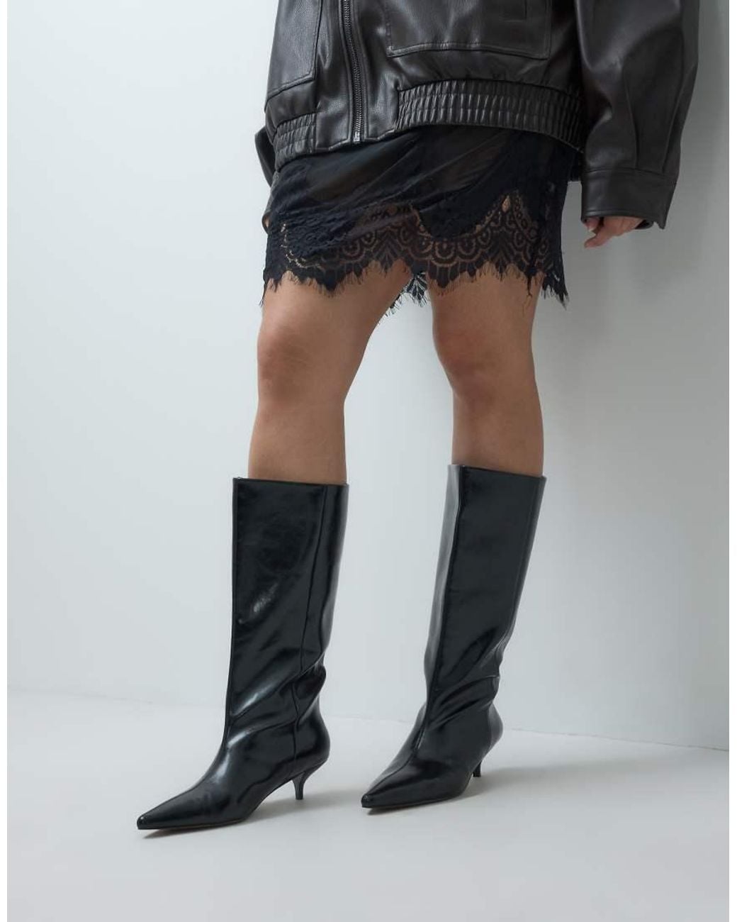 ASOS Black Curve Camille Kitten Heel Pull On Knee Boots