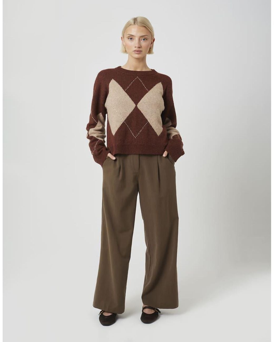 Brave Soul Brown Argyle Crew Neck Jumper
