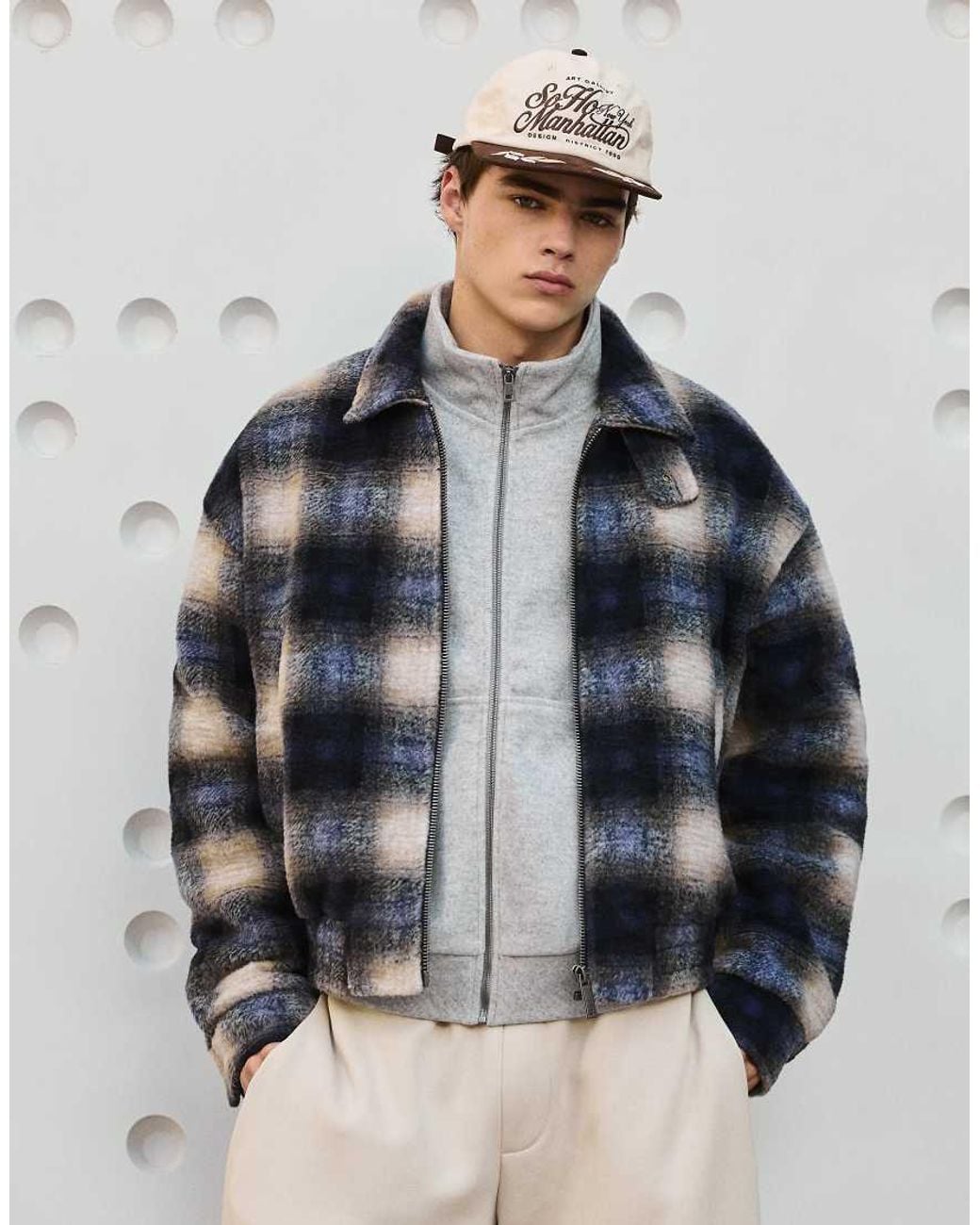 Bershka Blue Checked Felt-effect Funnel Neck Bomber Jacket for men