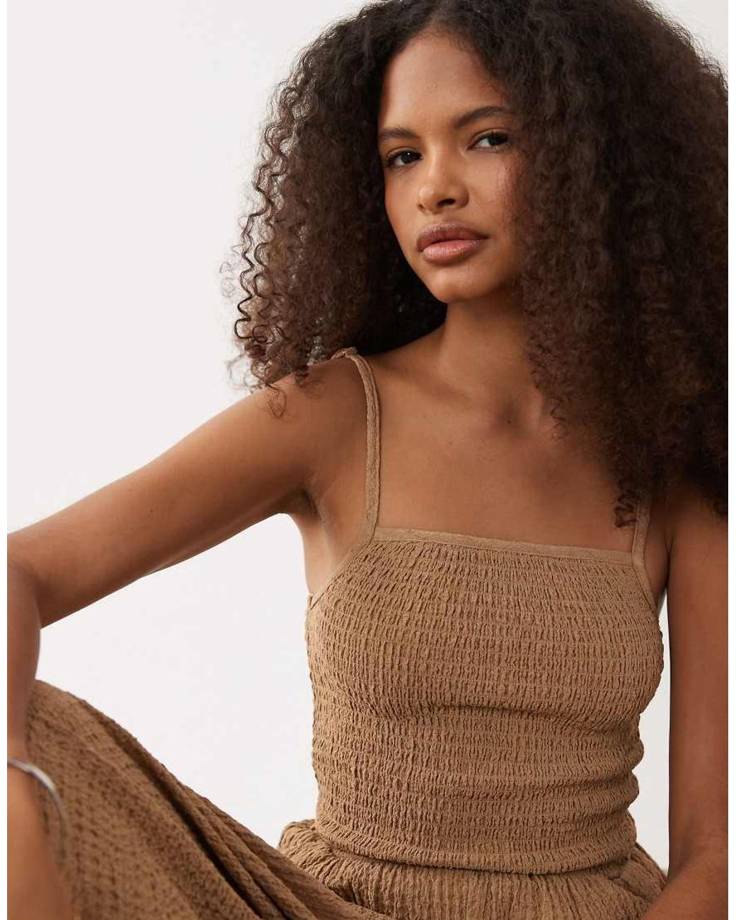 Brave Soul Brown Textured Jersey Jumpsuit With Shirred Bodice
