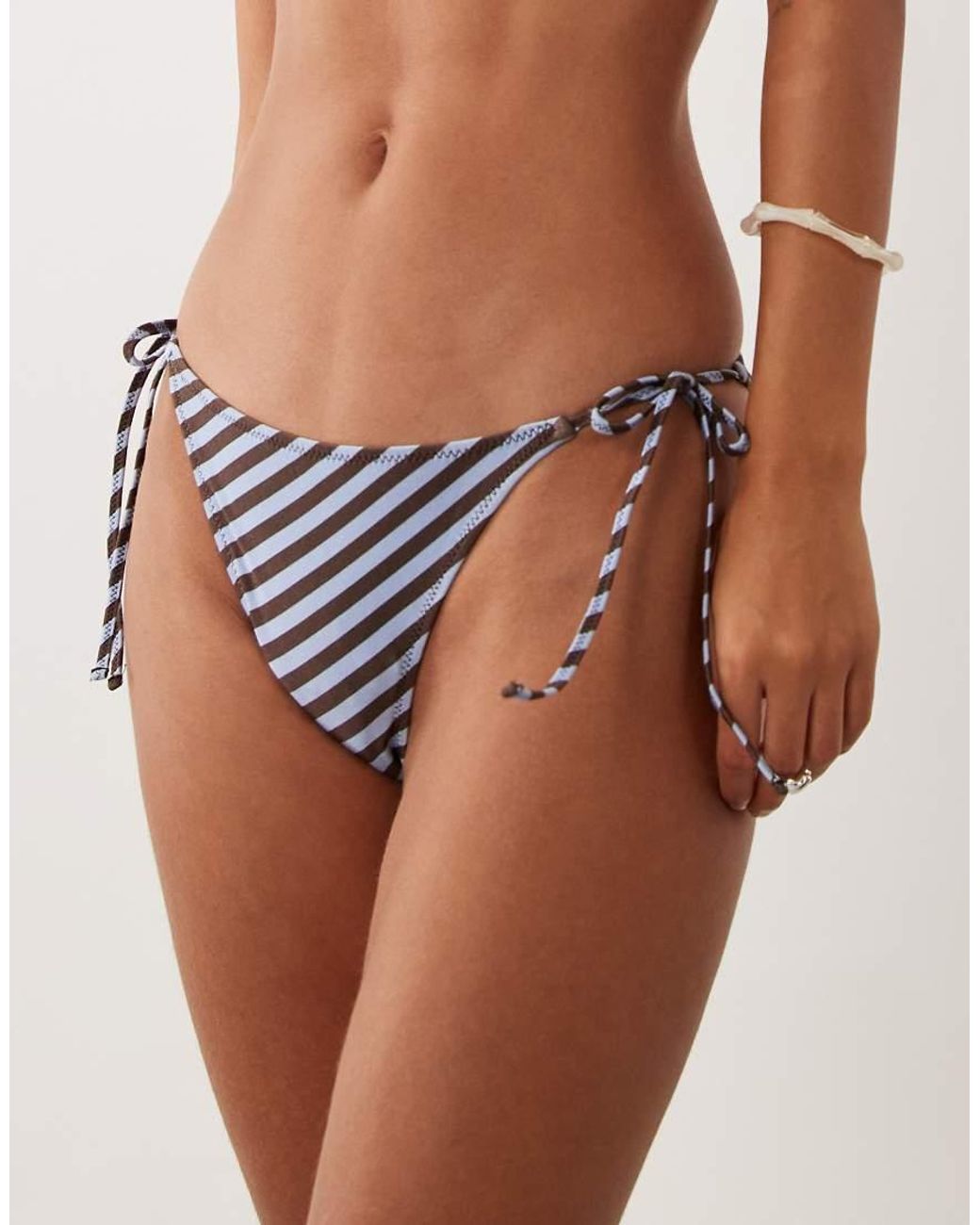Mango Brown Tie Side Striped Bikni Bottoms