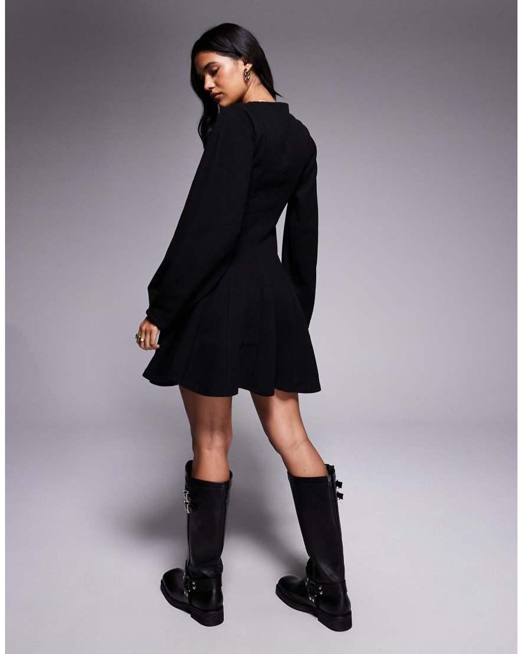 ASOS Black Supersoft V Neck Fit And Flare With Seam Detail Mini Dress
