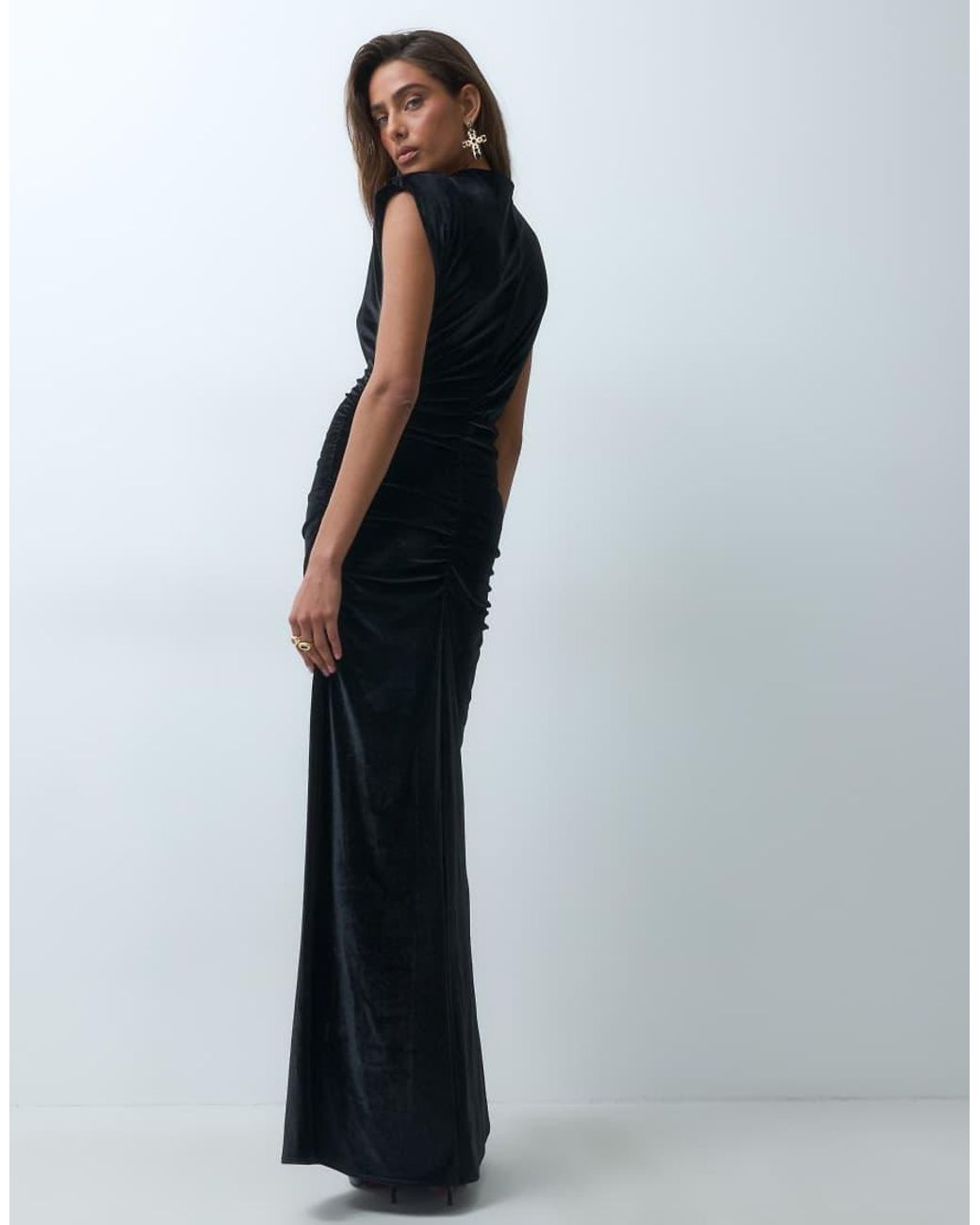 ASOS Blue Shoulder Pad Velvet Maxi Dress