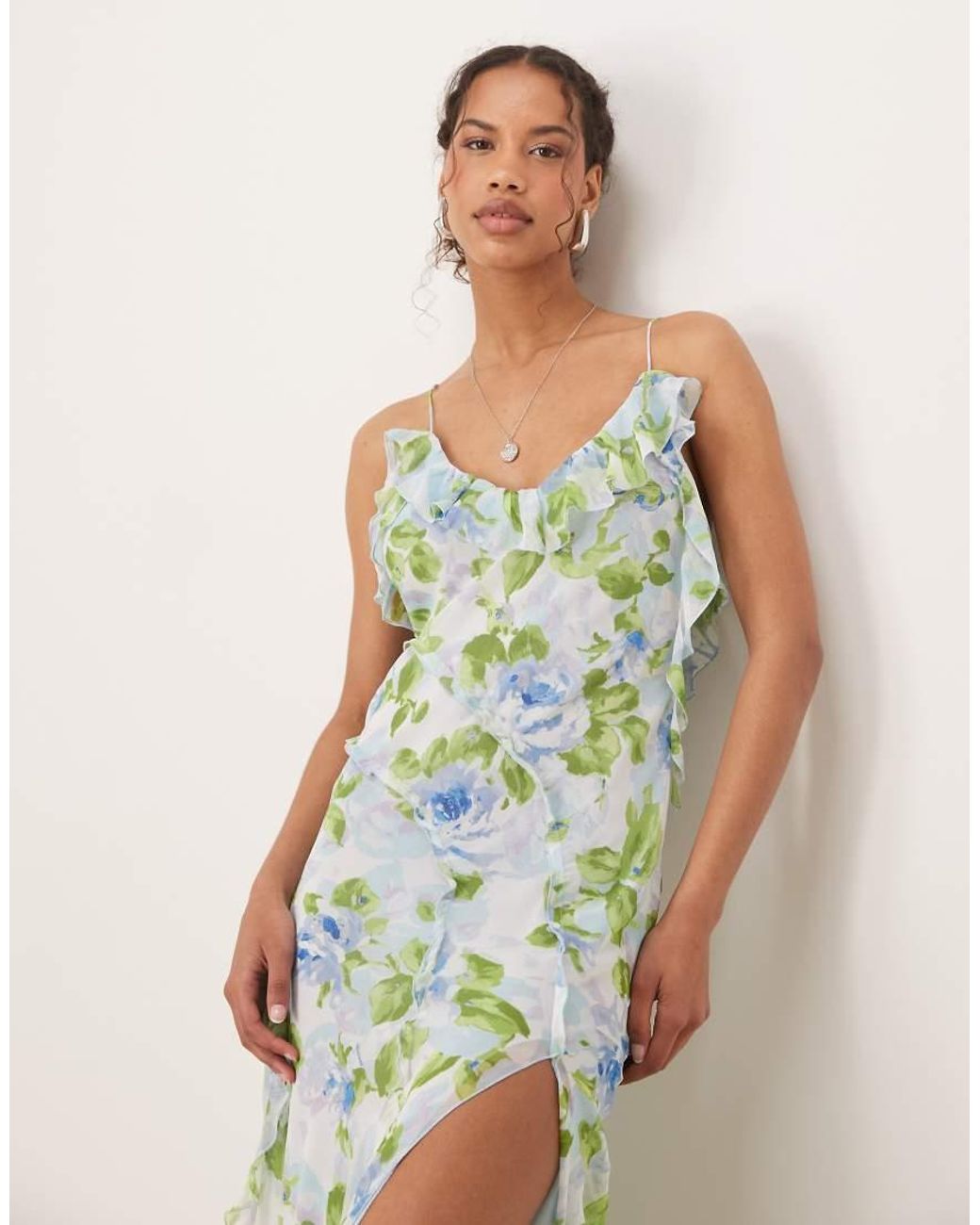 Mango White V-Neck Ruffle Botanical Printed Dress With Side Split