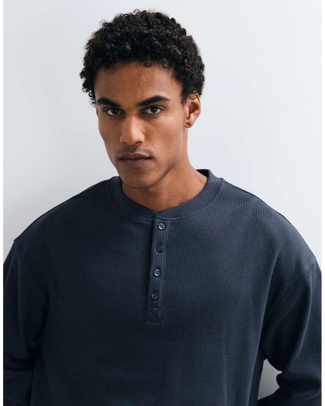 Collusion Blue Boxy Oversized Long Sleeve Henley T-shirt for men