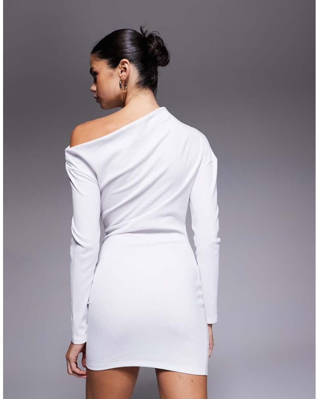 ASOS White Ribbed Asymmetric Neckline Fitted Mini Dress