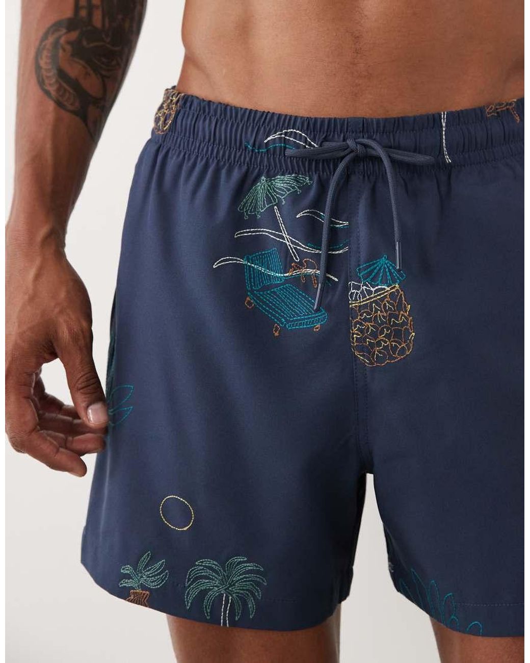 Abercrombie & Fitch Blue Pull On Swim Short With Embriodery Icons for men