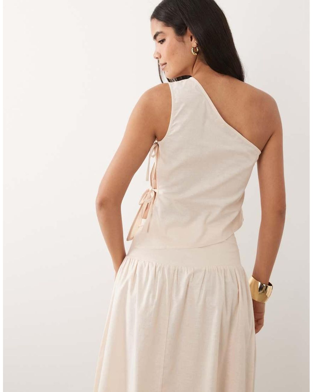 Kaiia Natural Exclusive Linen Blend Open Tie Side Detail Asymmetric Shoulder Top