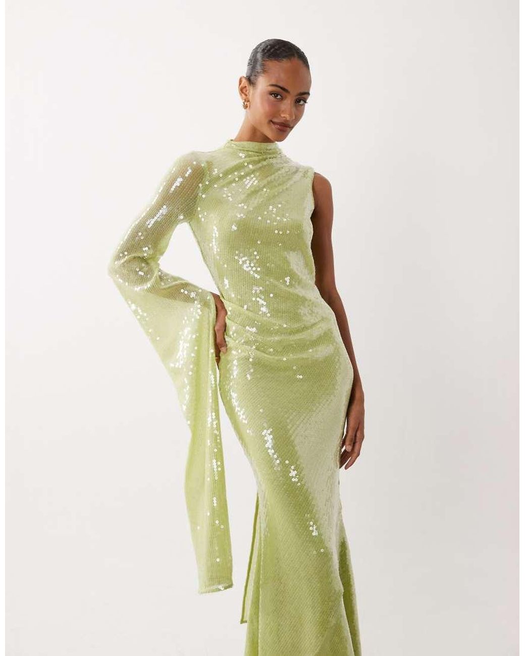 ASOS Green Sequined High Neck One Sleeve Maxi Dress