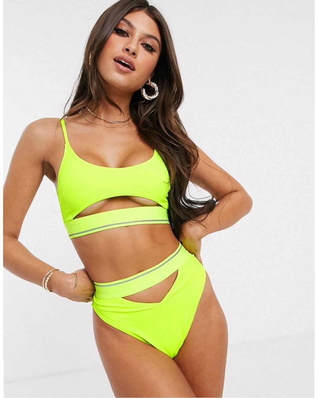ASOS Underboob Crop Bikini Top With Reflective Elastic in Yellow | Lyst