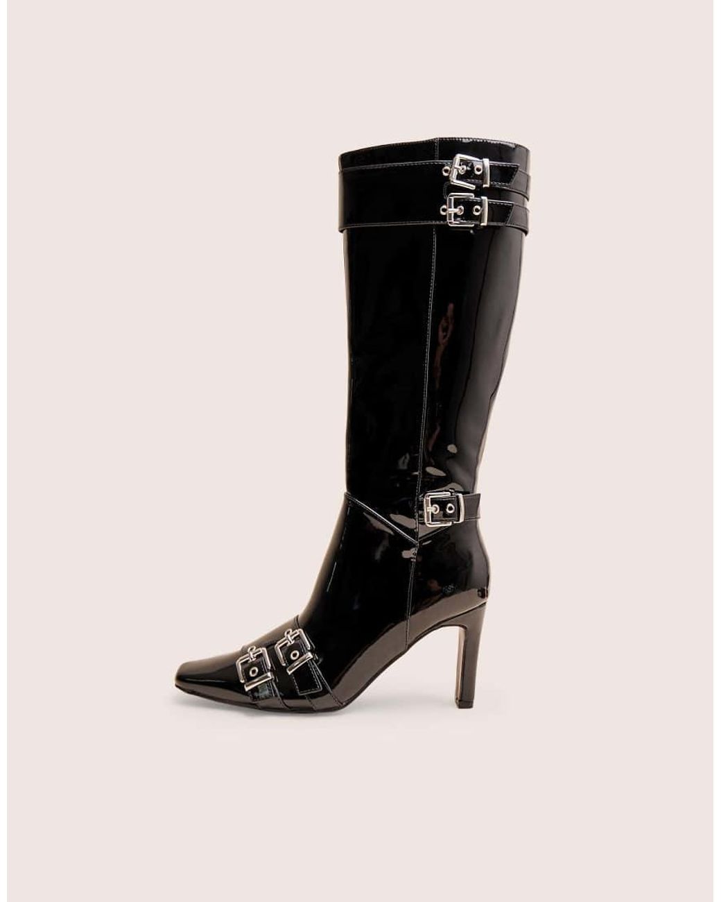 Public Desire Black Ines Patent Buckle Detail Knee High Heeled Boots