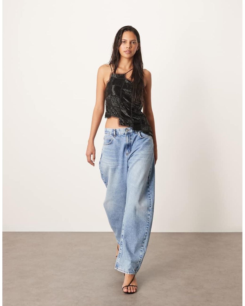 ARRANGE Blue Embellished Asymmetric Top With Raw Edge