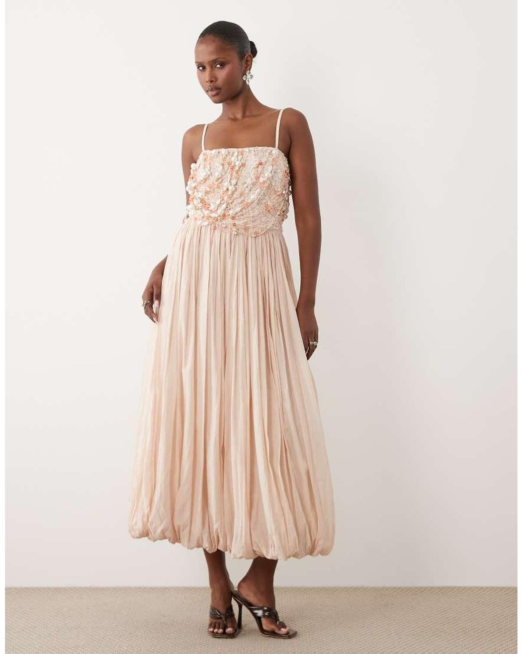 ASOS Natural Embellished Bodice Midaxi Dress With Bubble Skirt