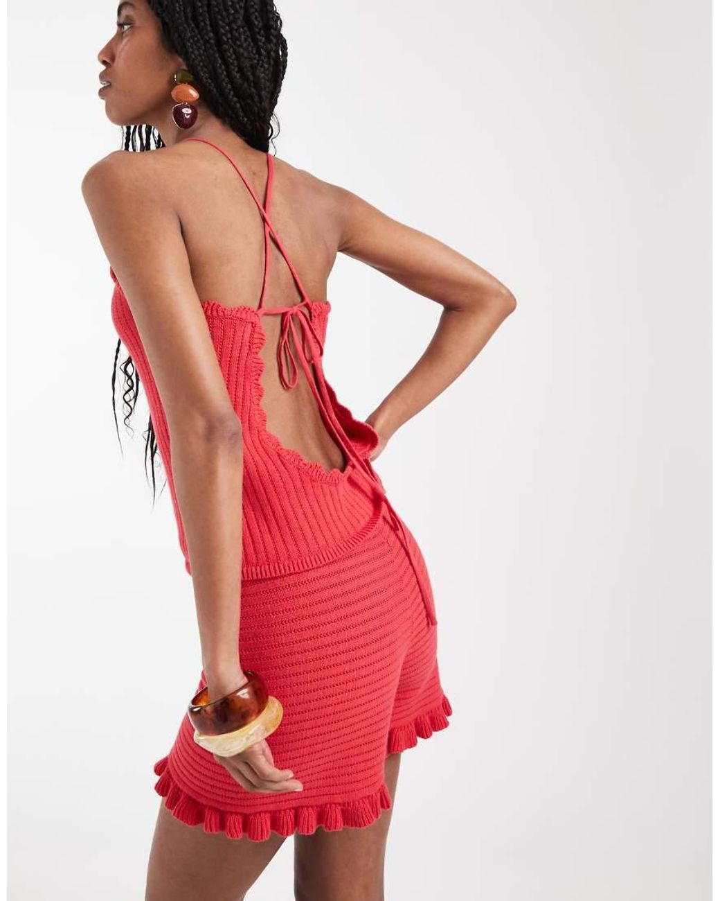 Monki Red Crochet Style Halter Top Co-ord