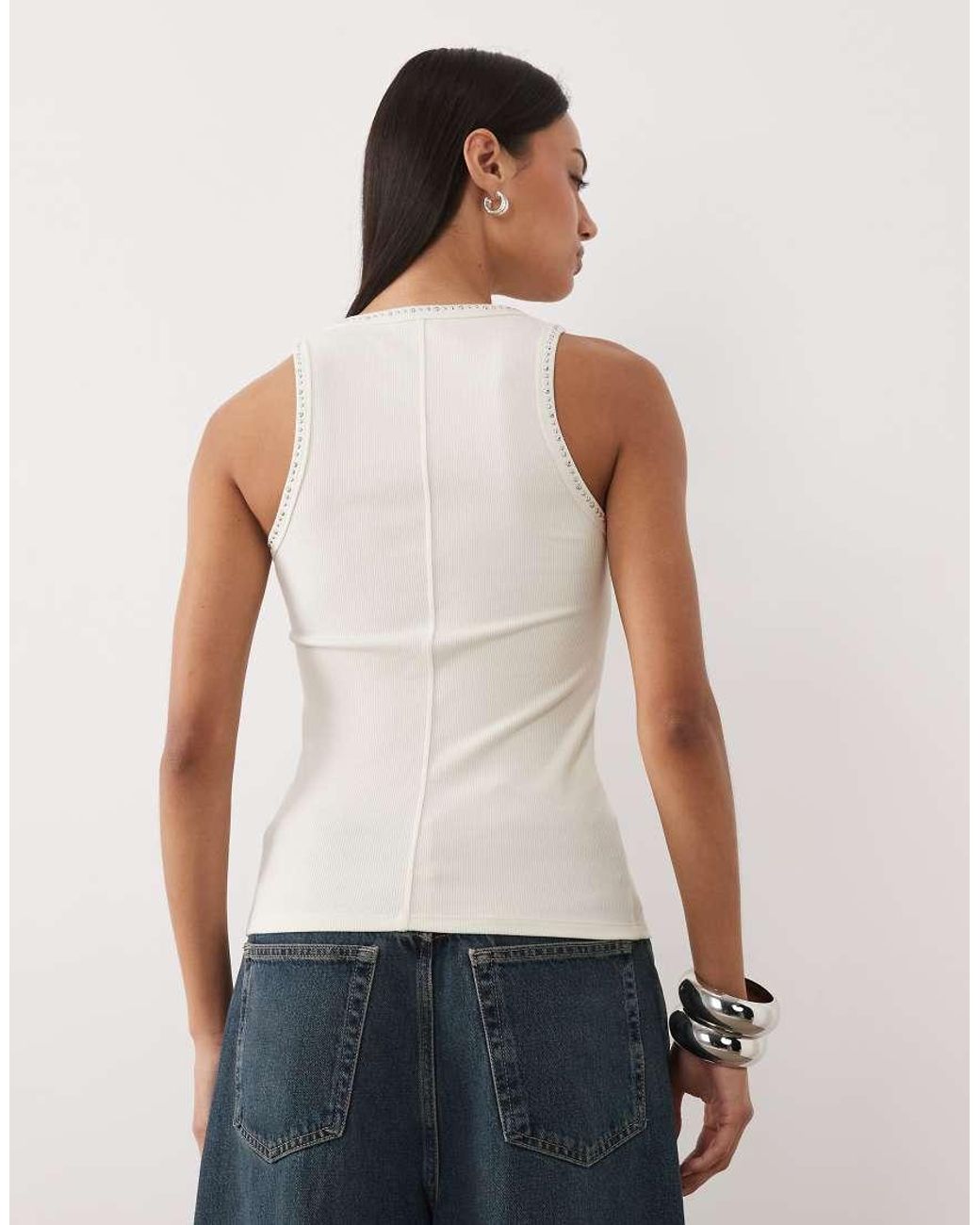 Mango White Cotton Mix Faux Pearl Detail Racer Vest