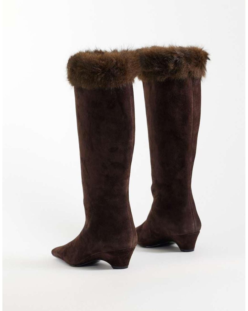Mango Brown 100% Leather Suede Heeled Boot With Faux Fur Trim