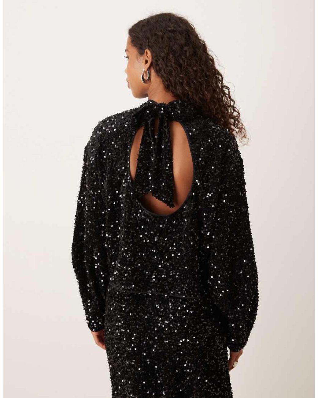 ASOS Black Velvet Sequin Open Back Long Sleeve Blouse