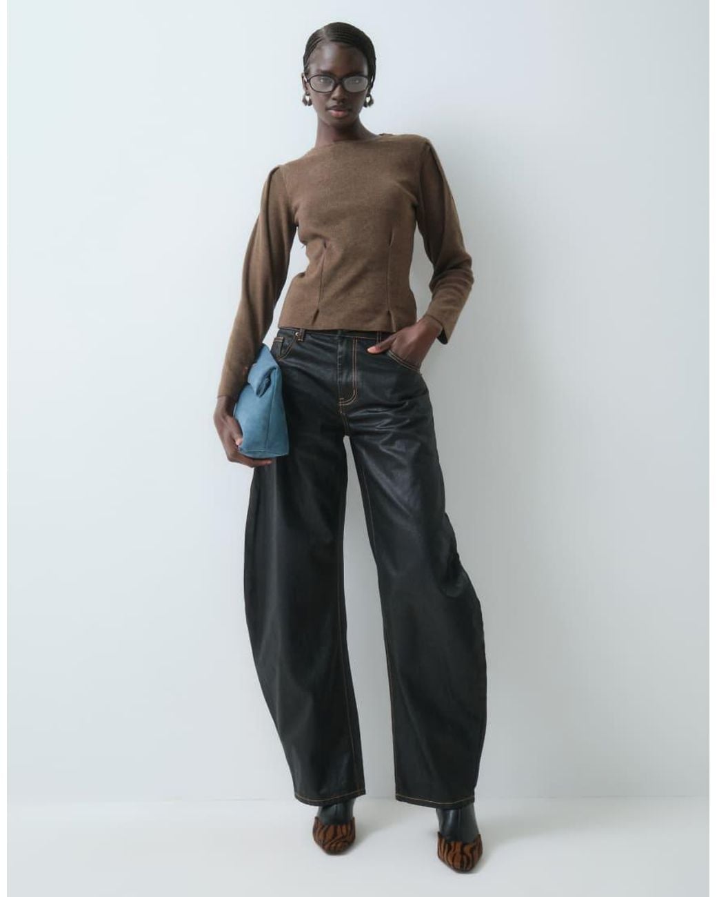 ASOS Brown Puff Sleeve Jumper With Pleated Hem