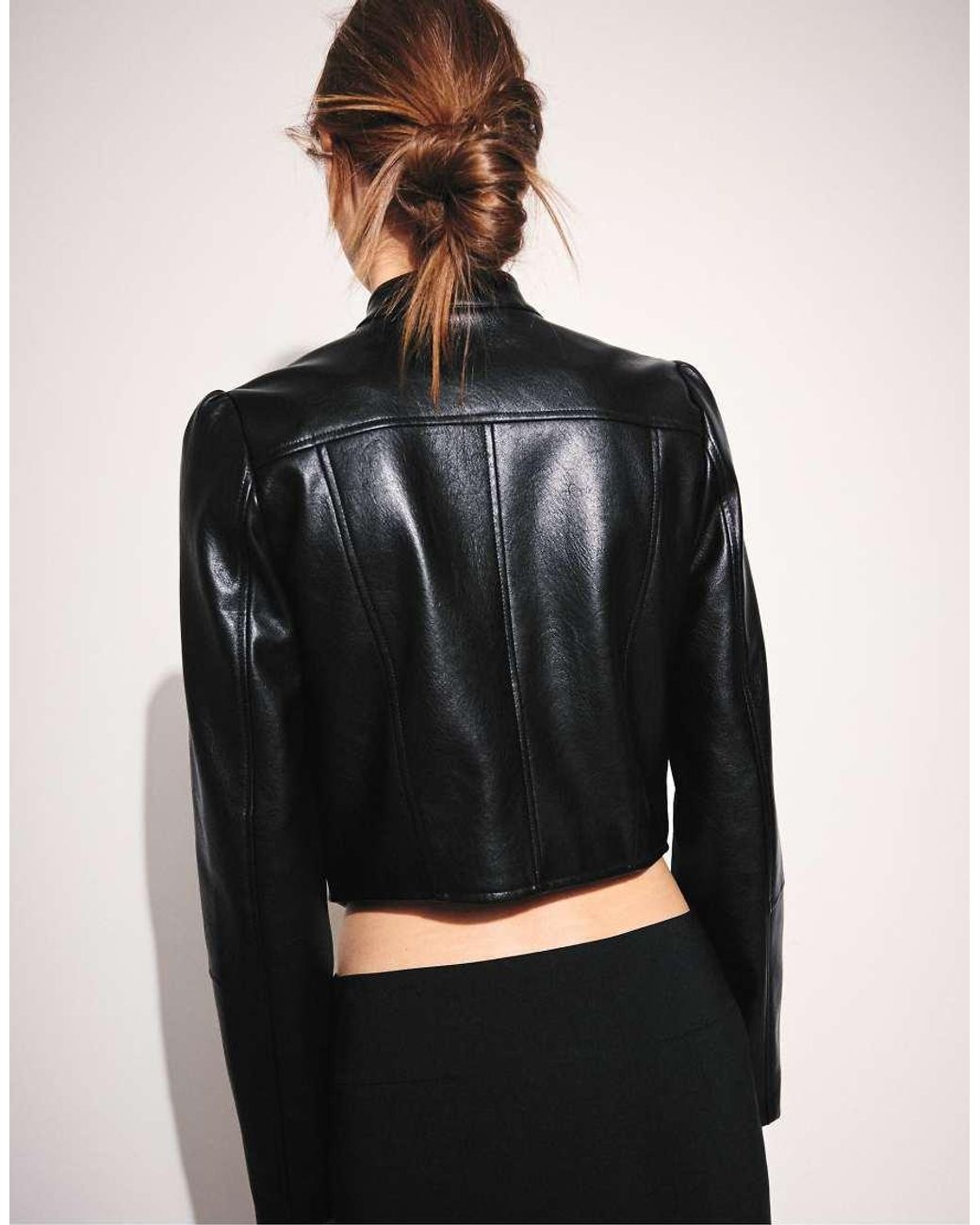 Stradivarius Black Cropped Leather Effect Biker Jacket