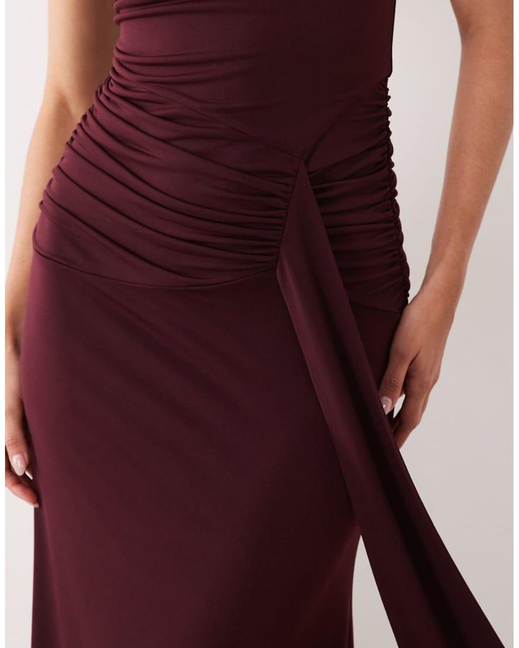 Pretty Lavish Brown Slinky High Neck Tie Front Ruched Maxi Dress