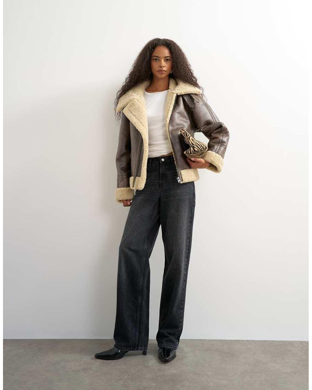 TOPSHOP Black Oversized Shearling Collar Detail Jacket
