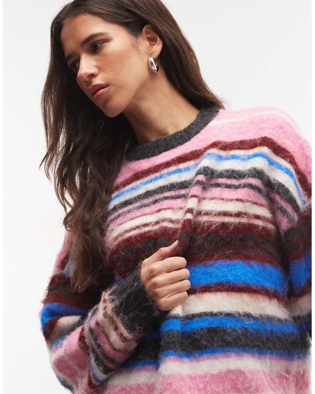 Collusion Multicolor Unisex Fluffy Stripe Oversized Crew Neck Jumper