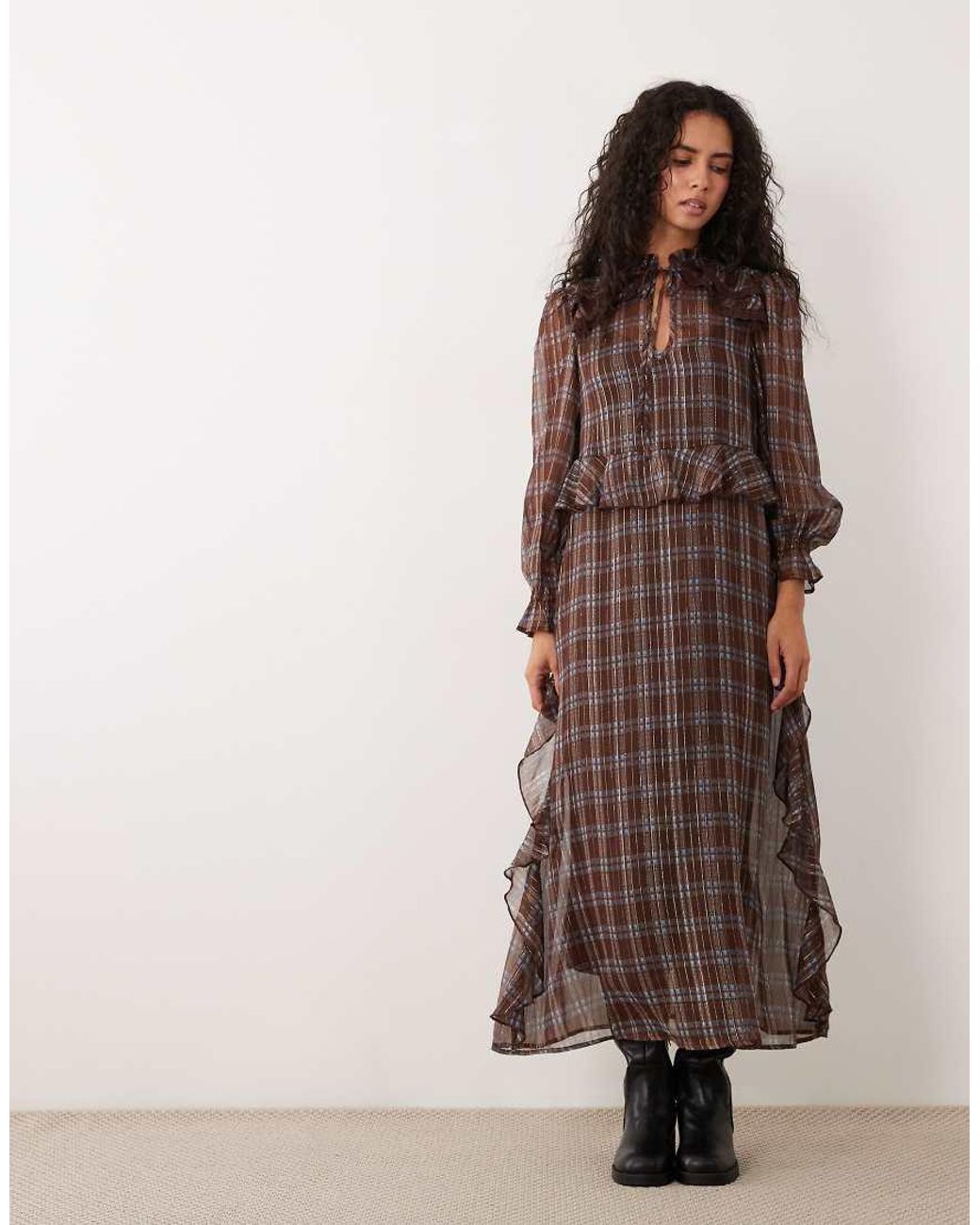 Wednesday's Girl Brown Long Sleeve Ruffle Midaxi Dress With Lace Detail