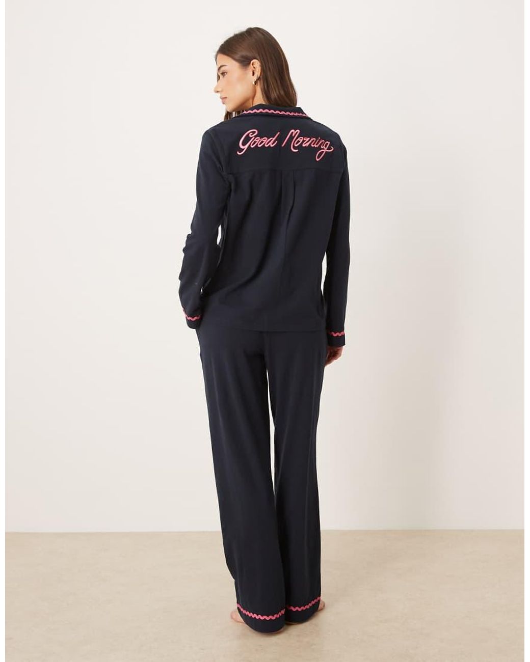 Chelsea Peers Blue Long Button Up Pajama Set With Good Morning Embroidery And Wavy Trim
