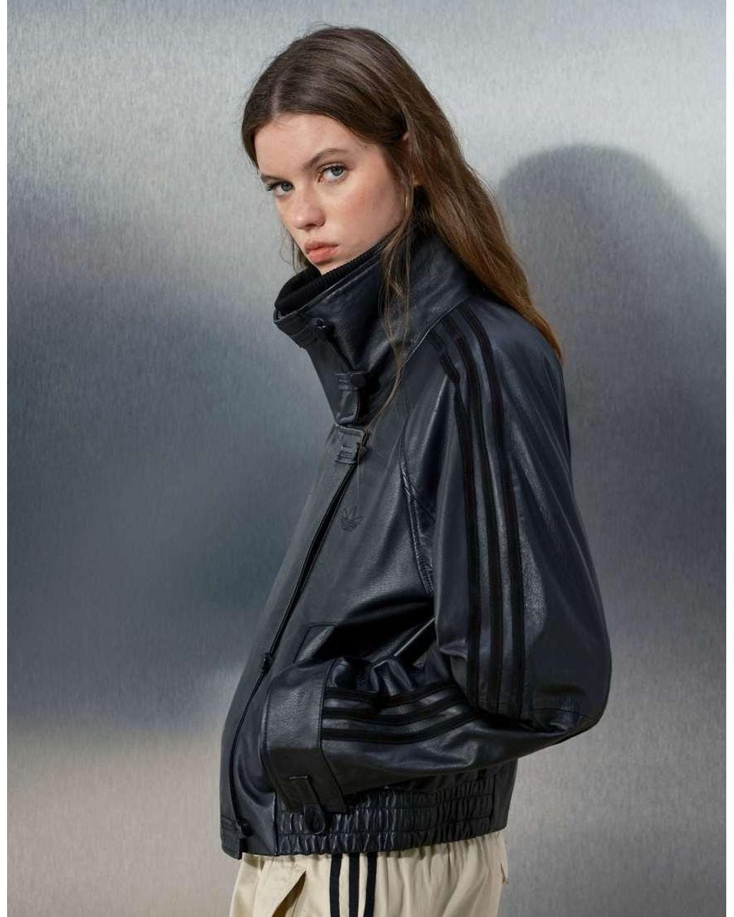 adidas Originals x ASOS Gray Oversized Leather Jacket With Funnel Neck And Rib Detail