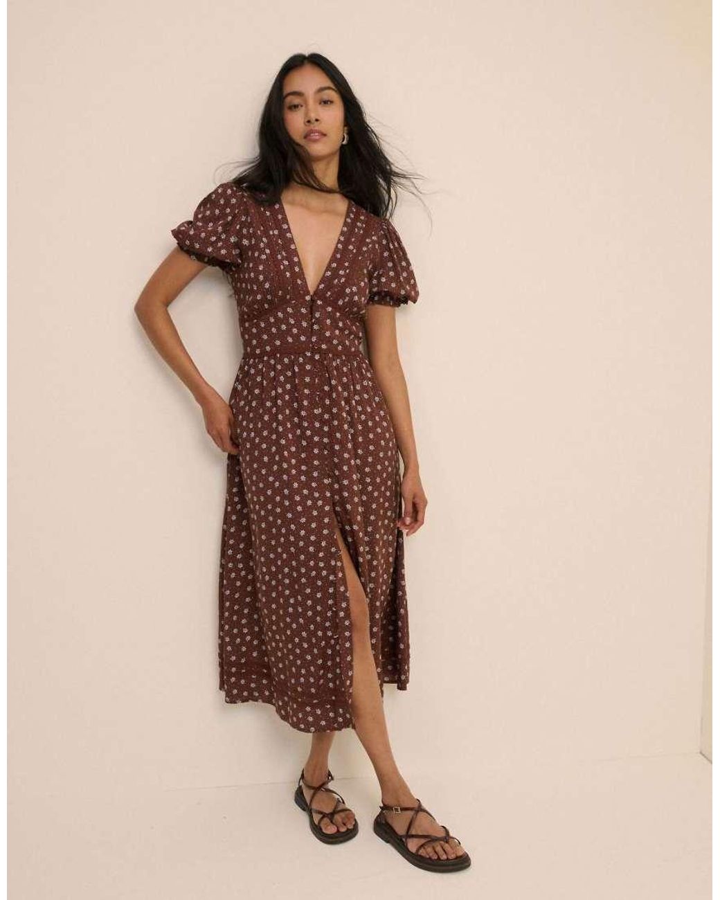 Nobody's Child Natural Ditsy Floral Button Front Frances Midi Dress