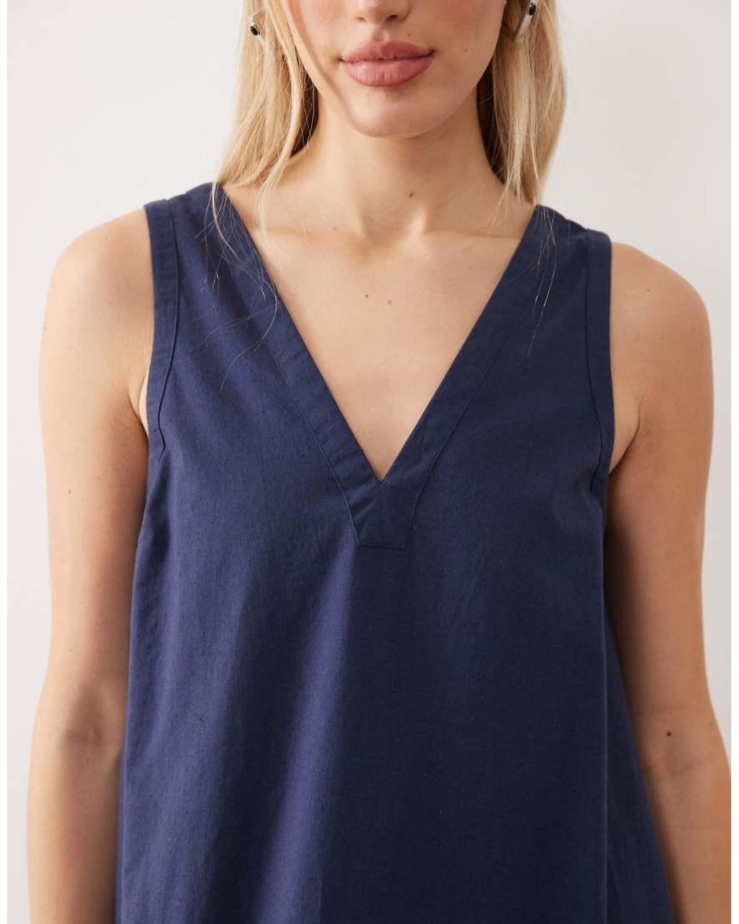 ASOS Blue Cotton Linen V Neck Smock Mini Dress