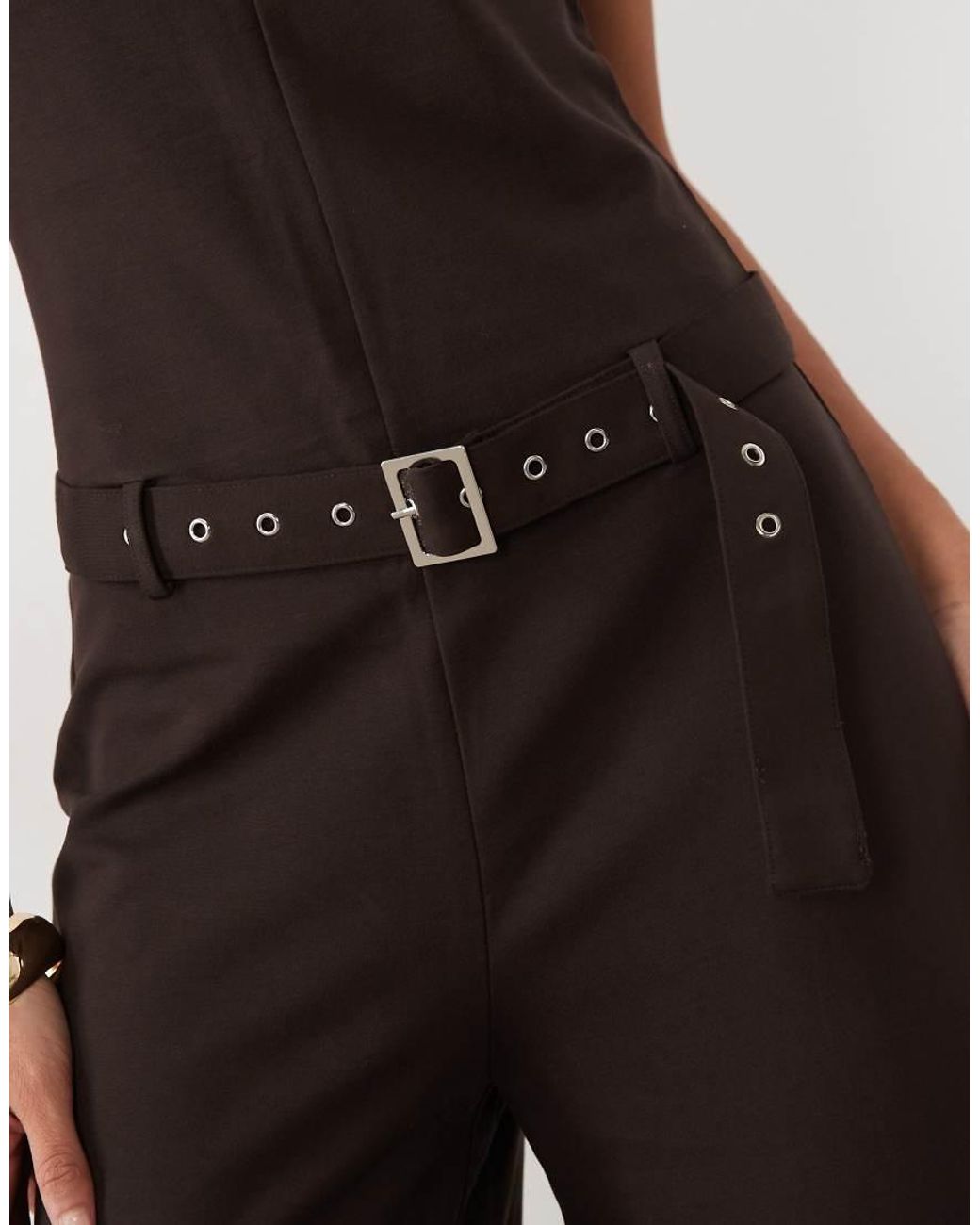 Mango Brown Sleeveless Belted Jumpsuit