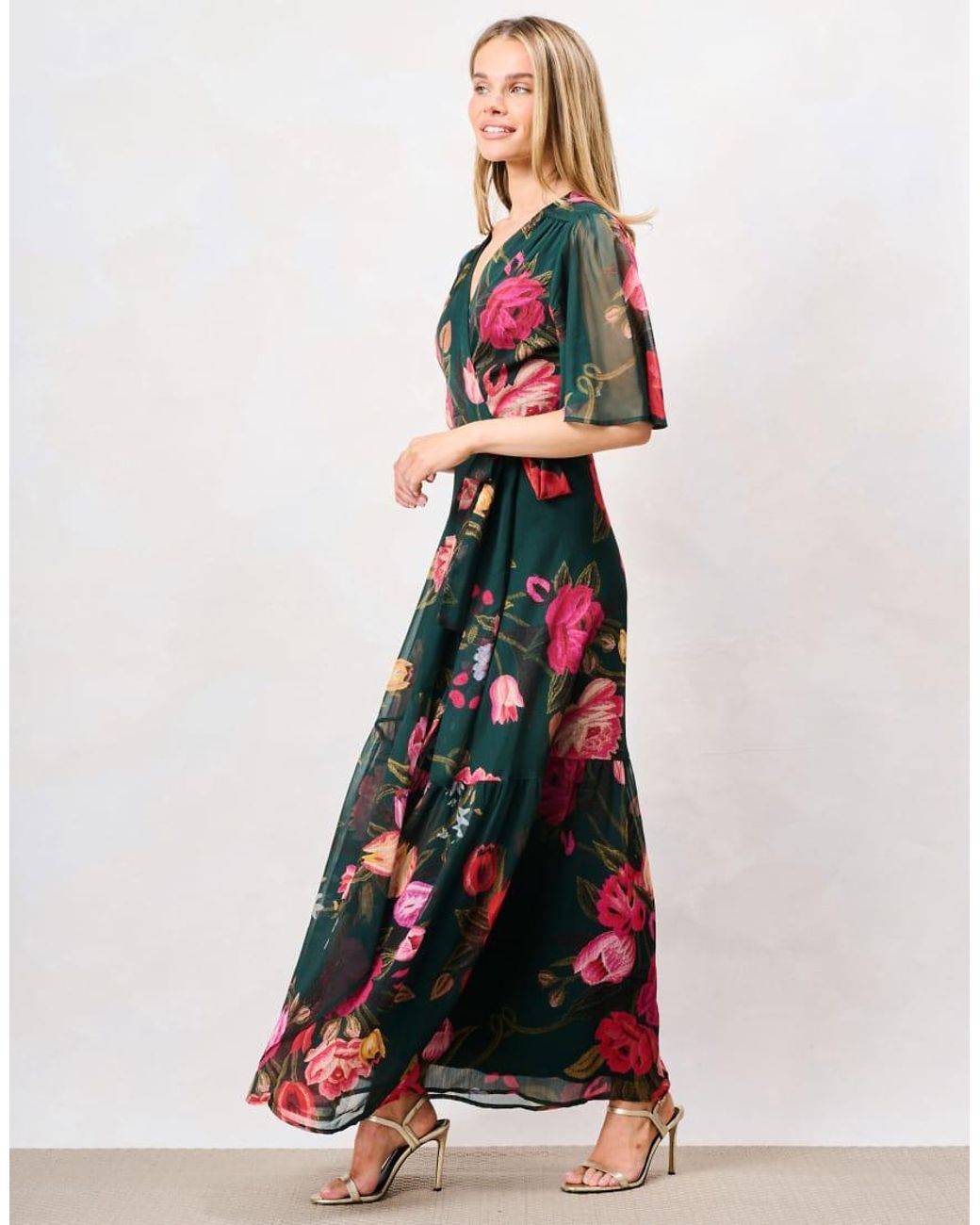 Hope & Ivy Red The Tamra Petite Flutter Sleeve Maxi Wrap Dress With Tie Waist