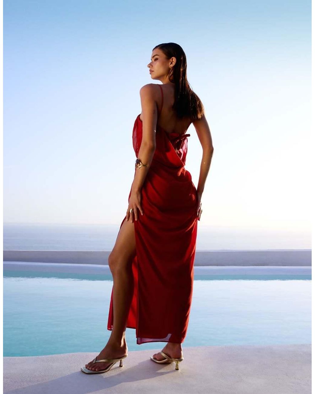 ASOS Red Draped Cami Maxi Dress With 3D Floral Detail