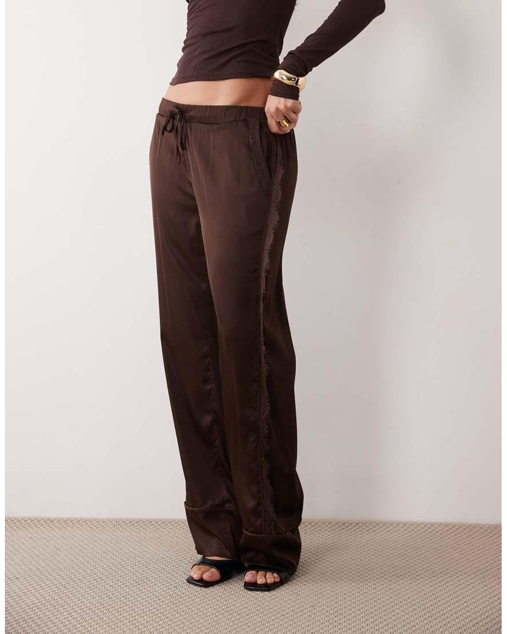 Noughts & Kisses Natural Arela Satin Tie Waist Lace Side Trim Detail Wide Leg Trousers