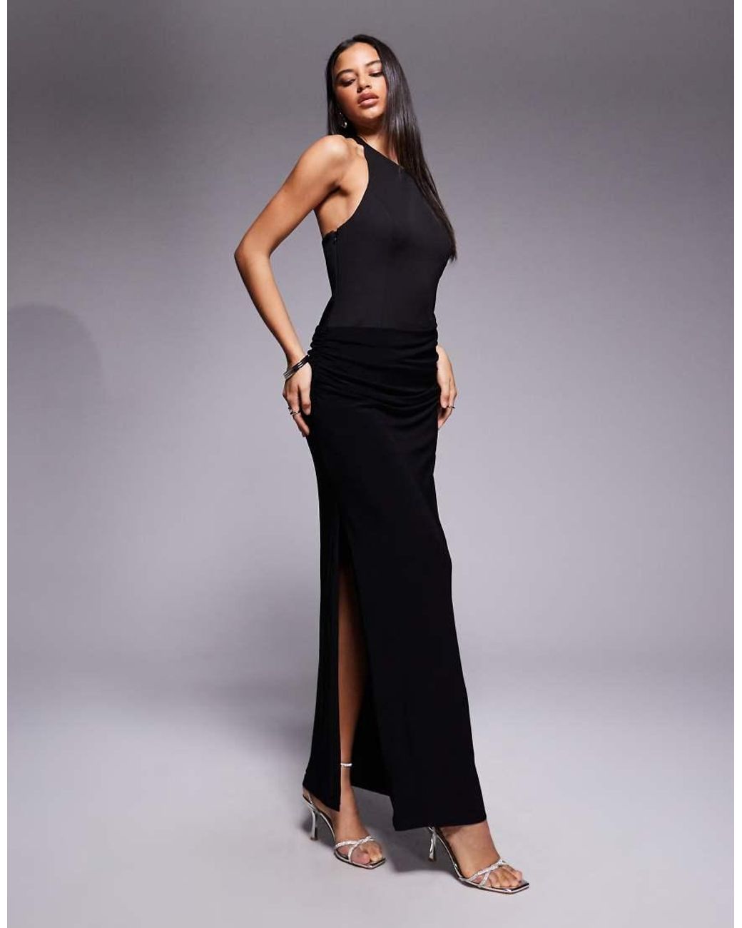 Forever New Blue Structured High Neck Halter Neck Drape Waist Maxi Dress