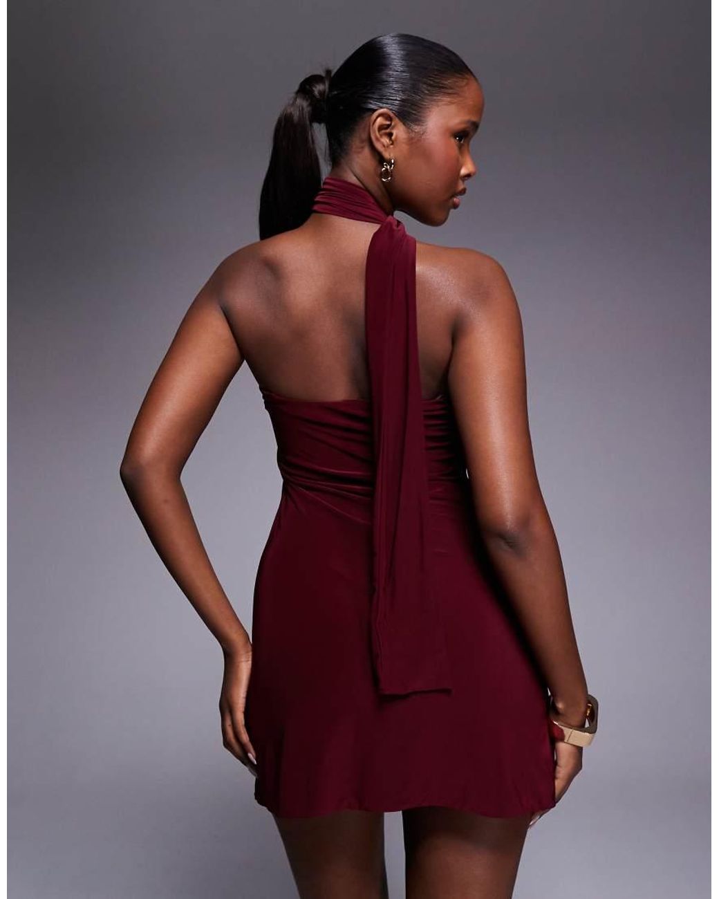 Fashionkilla Red Exclusive Slinky Double Sculpted Halterneck Scarf Detail Mini Dress