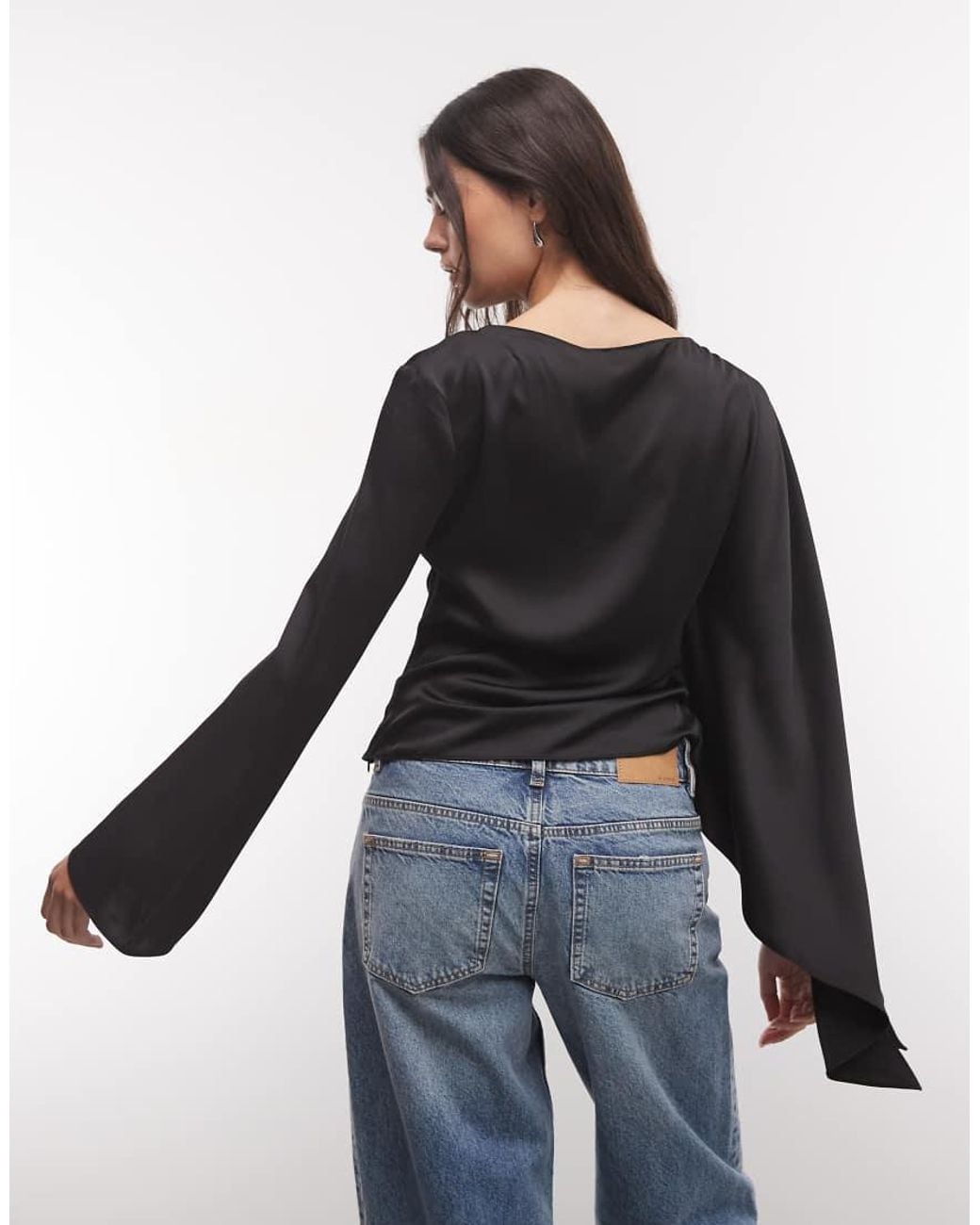 Monki Black Drape Satin Cape Long Sleeve Top