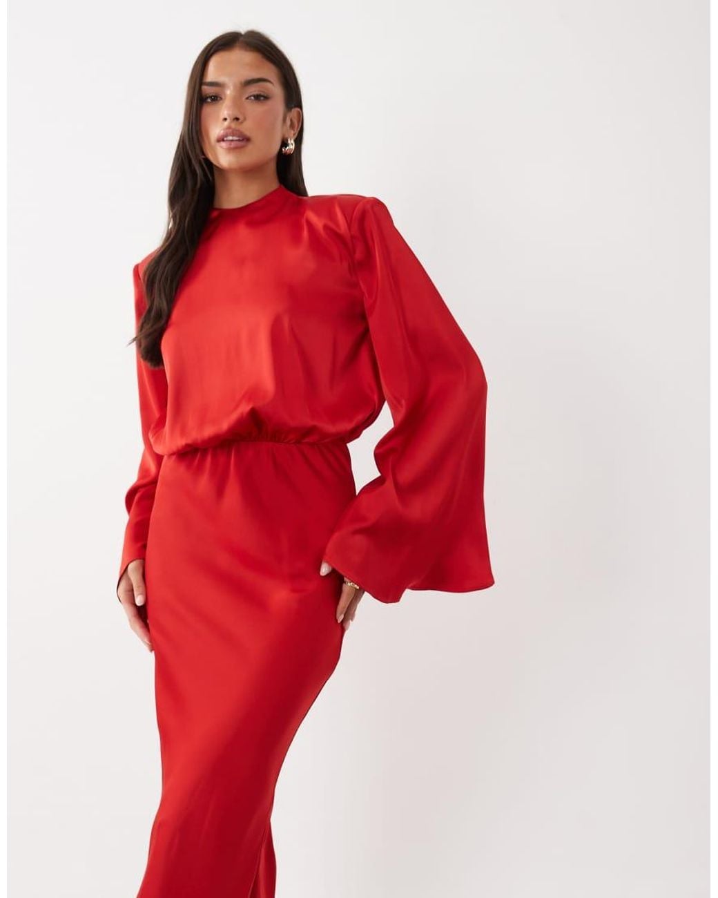 Kaiia Red Exclusive Satin High Neck Fold Over Detail Wide Sleeve Fishtail Hem Maxi Dress